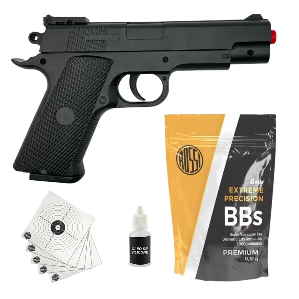 Pistola de Airsoft VG 1911 Short V92 Mola 6mm Rossi + 1000 Bbs Rossi + Óleo de Silicone + 10 Alvos 14x14