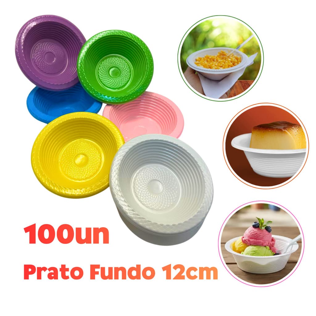 Prato Descartável Fundo Cumbuca 12cm 100 Unidades Petiscos Festa Bolo Salgadinho Doces Varias Cores