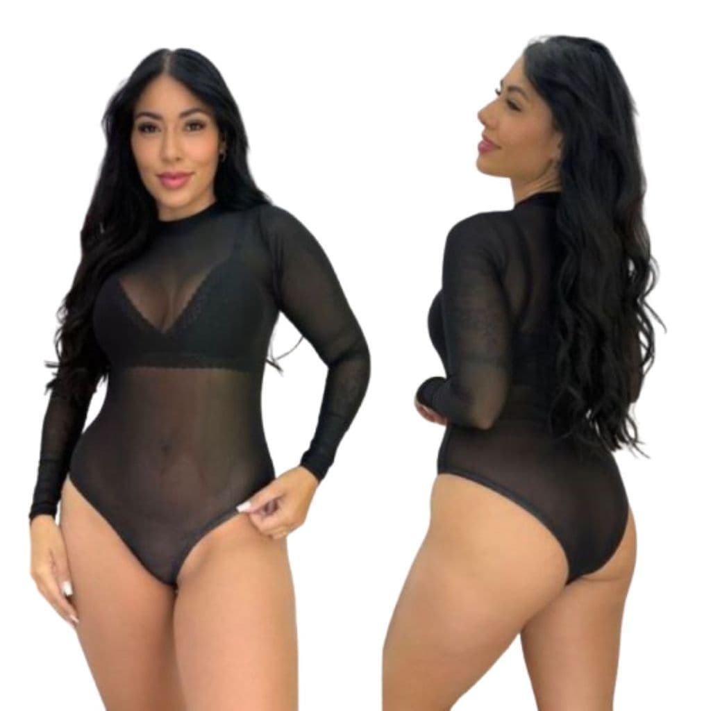 Body Tule Transparente Bori Feminino Manga Longa Preto