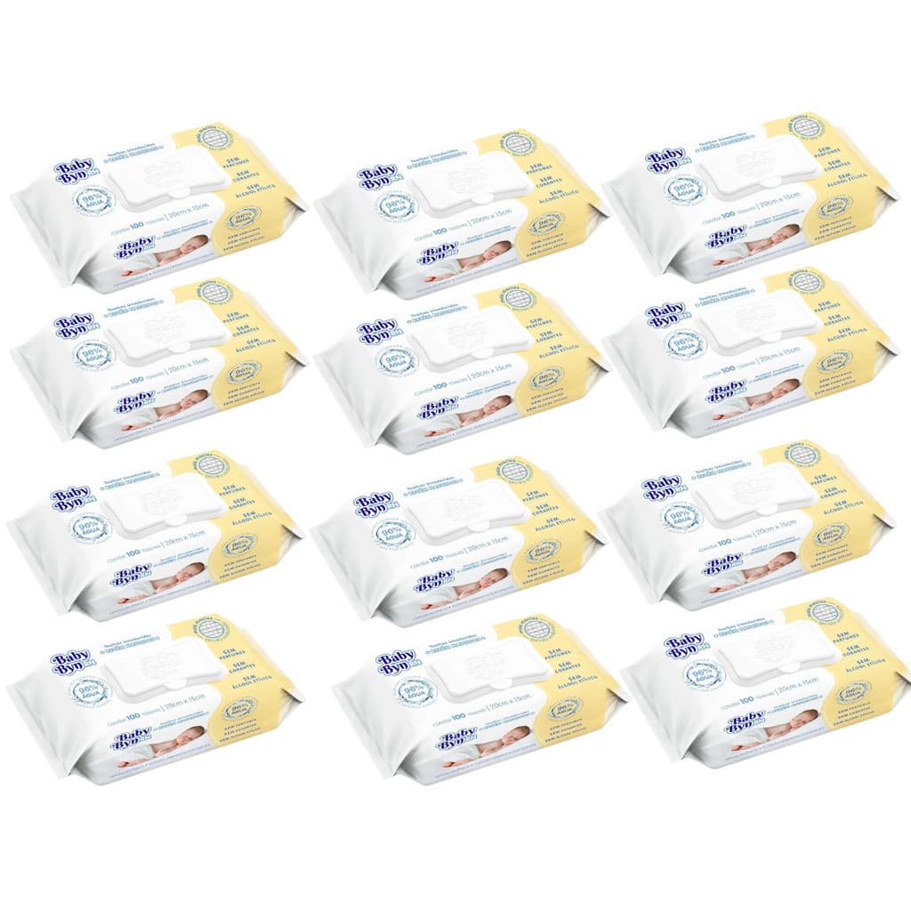 Kit Lenço/Toalha umedecida Baby Byn Recém Nascido (sem álcool) com 1200 un. - 12 pacotes com 100 un.