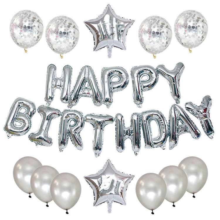 Kit Decoração Prata Happy Birthday Balões Metalizados Festa Aniversário 25 peças/conjunto