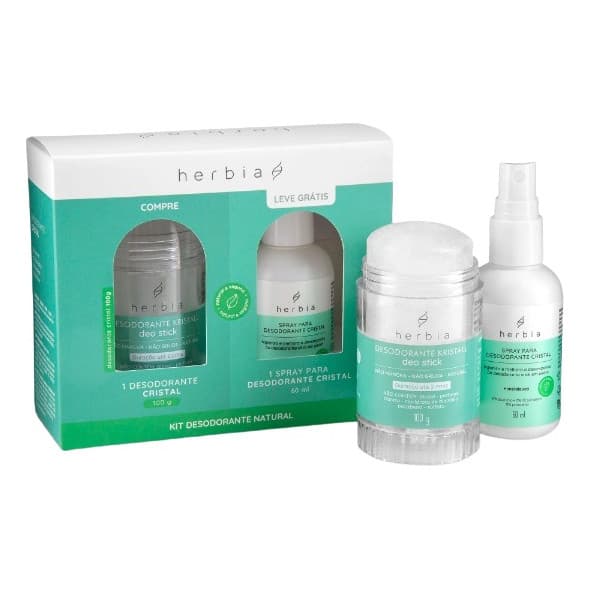 Kit Desodorante Pedra Sal Cristal Natural Herbia 100g Vegano Crystal Deo Stick + Spray 60ml