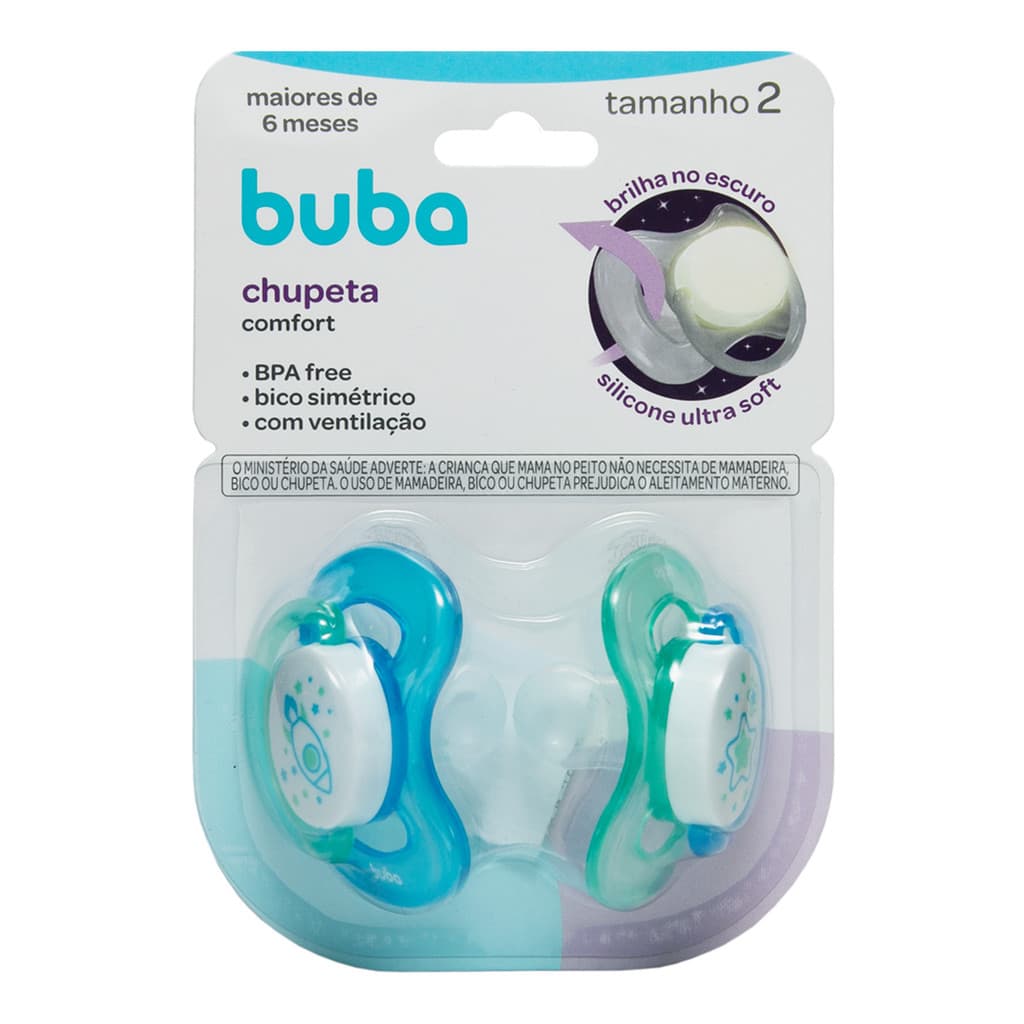 Kit 2 Chupeta Comfort Buba Tamanho 2 Noturna Foguete