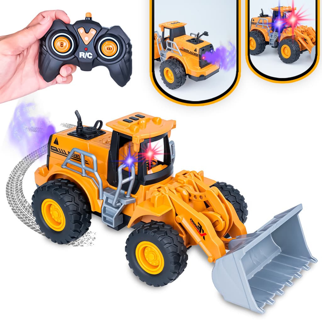 Trator Retroescavadeira Controle Remoto Recarregável Luz Fumaça Brinquedos De Menino Polibrinq