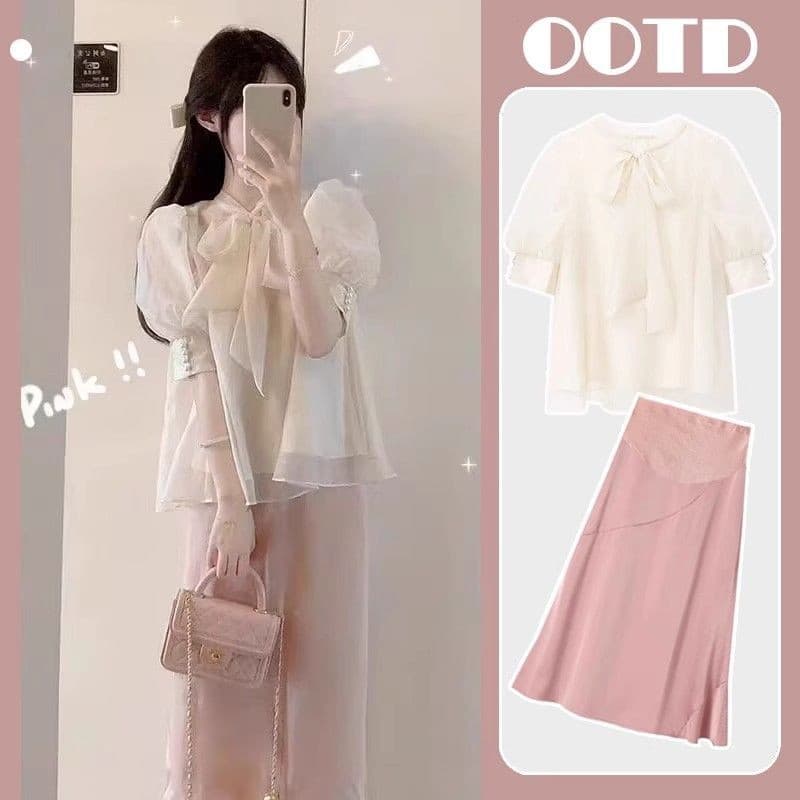 Terno de maternidade estilo coreano doce camisa de Chiffon de manga curta com saia de levantamento de barriga sensação d