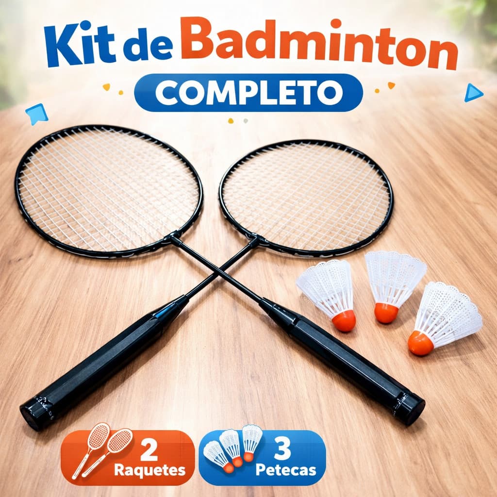 Kit de Badminton Completo 2 Raquetes 3 Petecas