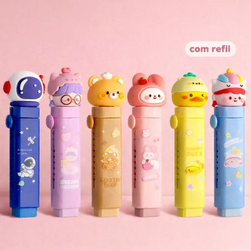 Kit Borracha Substituíveis Escolar Retrátil com 2 Refis – Astronauta / Coelho Fofo  Material Escolar Infantil