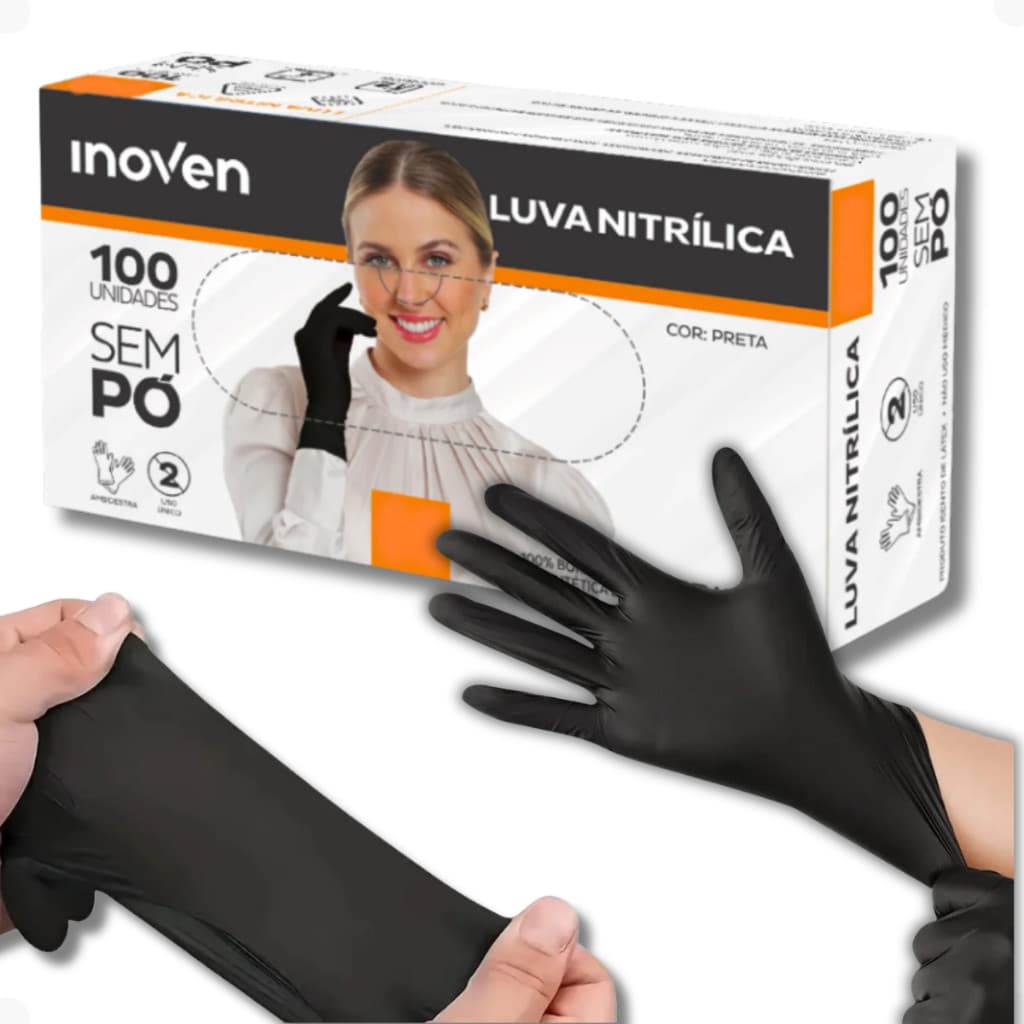 Luva Nitrílica Preta Sem Pó Inoven - 100 x TAM P