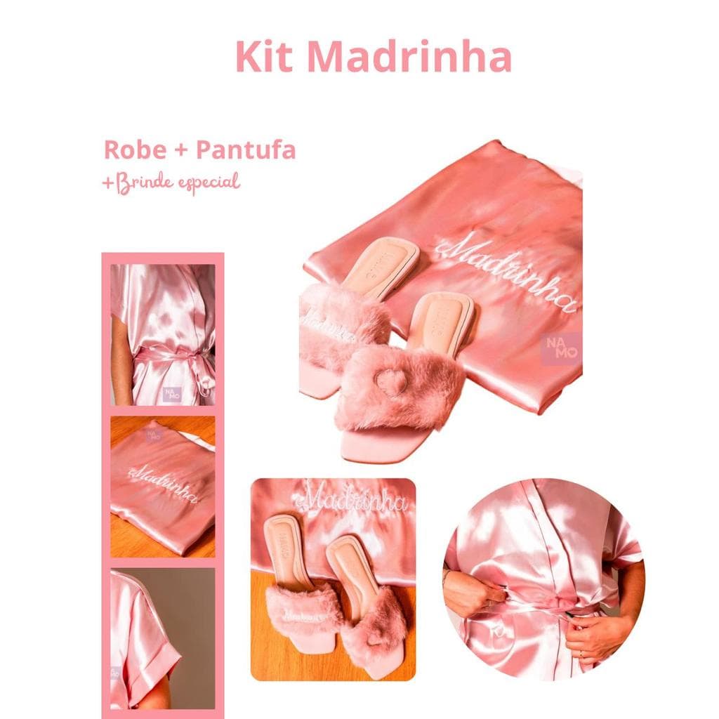 Kit Luxo Madrinha Robe Rose Gold com Pantufa Bordada Branco