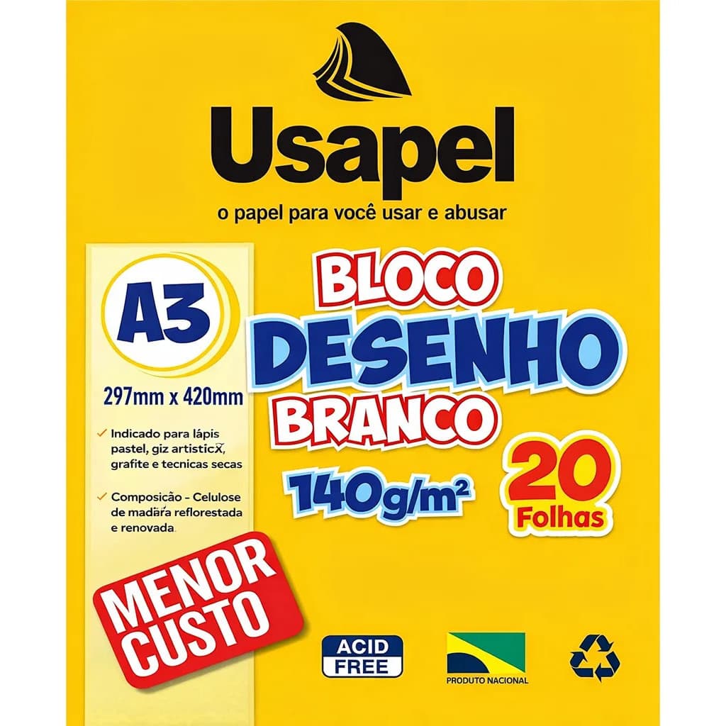 Papel Para Desenho A3 140g 20 Folhas Branco Artístico Usapel