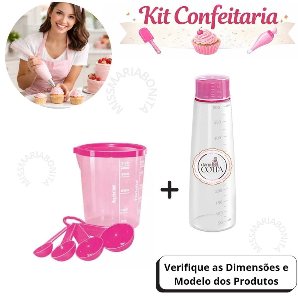 Kit Confeitaria Regador Bisnaga + Copo Medida Certa (400ml) com tampa + 4 colheres medidoras
