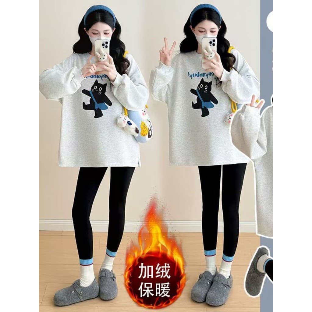 Roupa de maternidade solta tamanho grande moletom outono inverno forro de lã engrossado manga comprida topo feminino ver