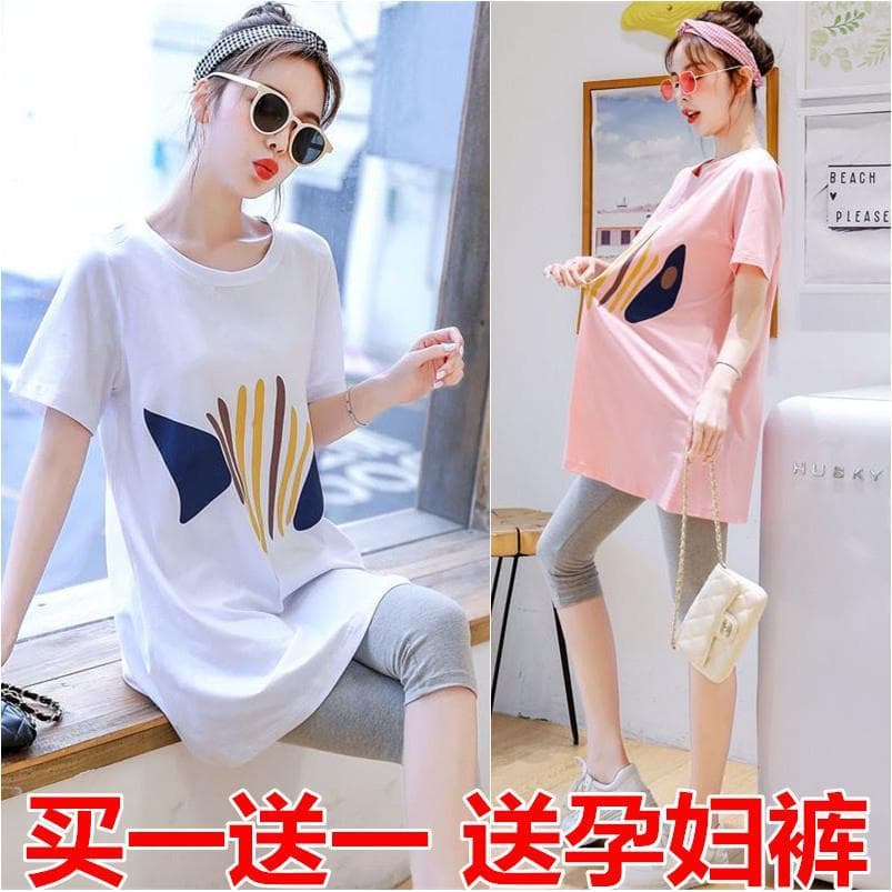 Roupa de maternidade terno de verão manga curta fino solto tamanho grande comprimento médio camiseta vestido exterior te