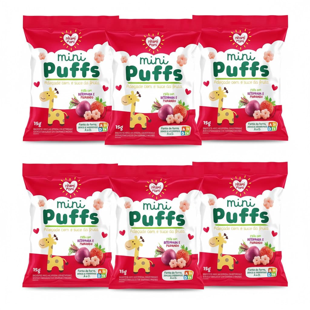 Kit Biscoito de Arroz Mini Puffs Beterraba e Morango  Nhami Mami - 6 unidades de 15g cada