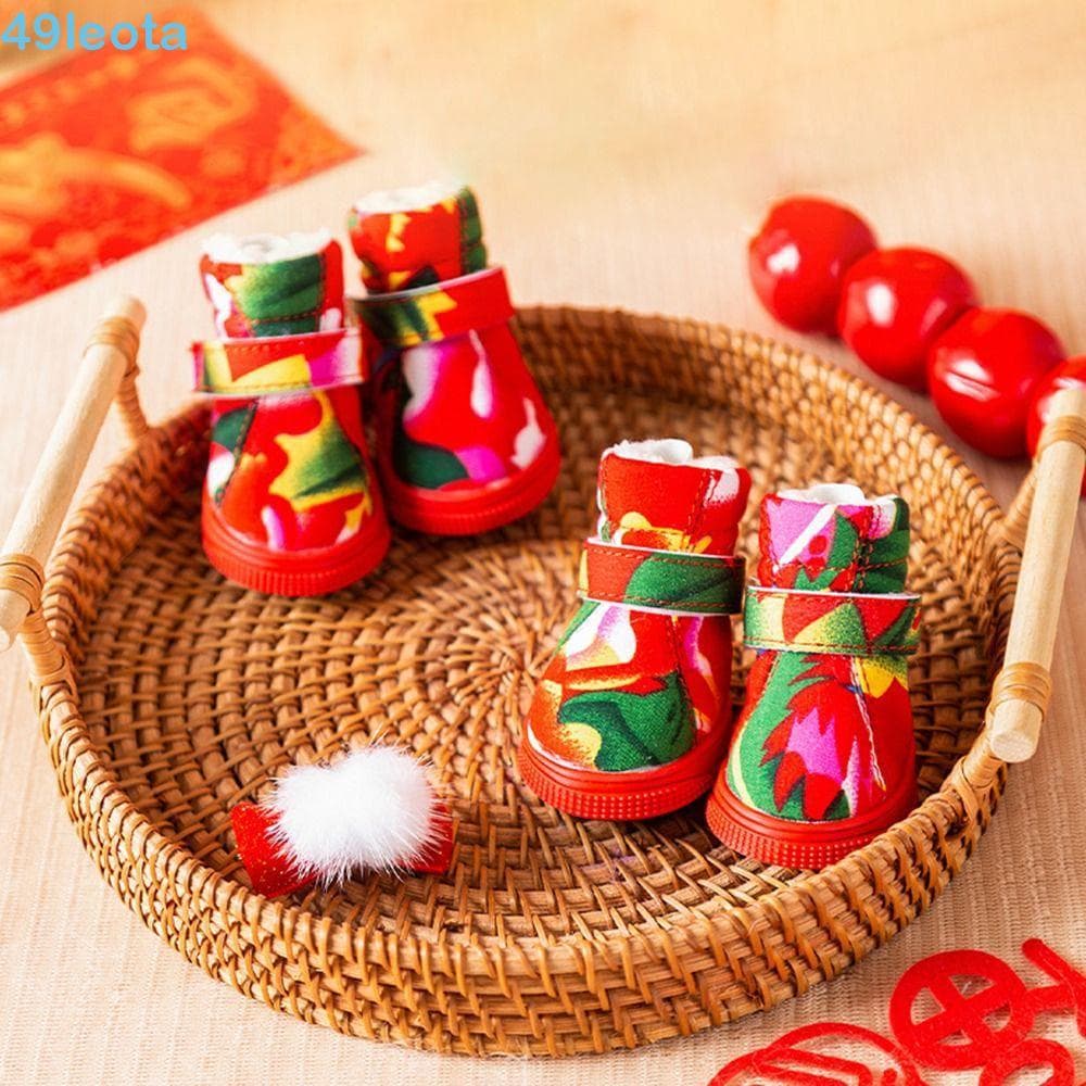 LEOTA 4 Pçs/Set Botas De Neve Para Cães , Estilo Chinês Ano Novo Inverno Sapatos , Pelúcia Macias Respiráveis Quentes