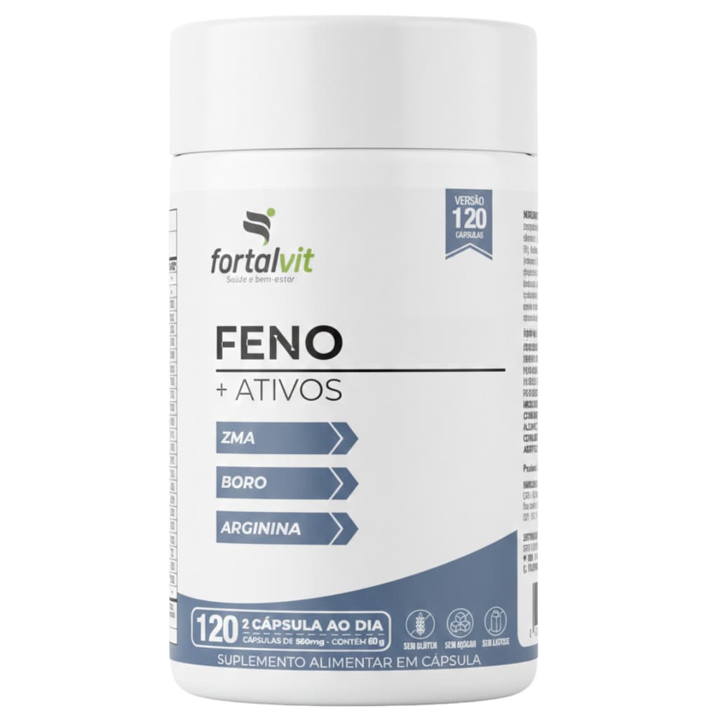Feno +ATIVOS Com Arginina, Boro e ZMA - Longa Duração: 60 dias de uso, 120 Cápsulas, Fortalvit