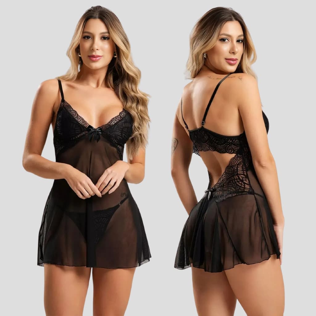 Camisola de Tule Transparente com Renda e Calcinha Pijama Feminino