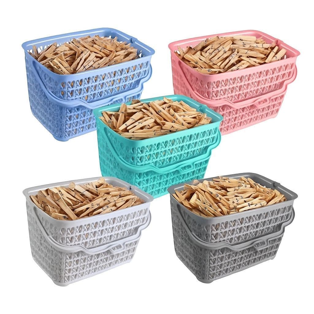 Kit Cesto + 72 Prendedores Roupas de Madeira Reforçado Cesto Multiuso com Alça