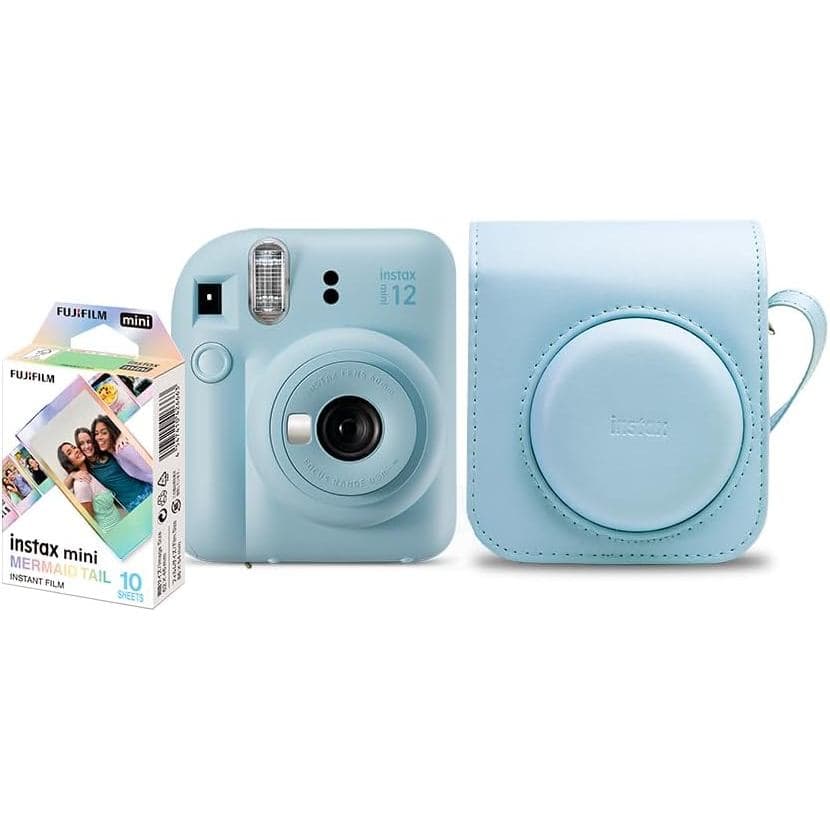 Kit Câmera Instax Mini 12 com Pack 10 Fotos Mermaid Tail e Bolsa Azul