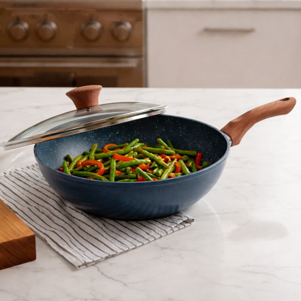 Frigideira Panela Wok Cerâmica Com Tampa Vidro 28cm 4,3 Litros Indução E Fogo Antiaderente Alumínio Grosso Profissional