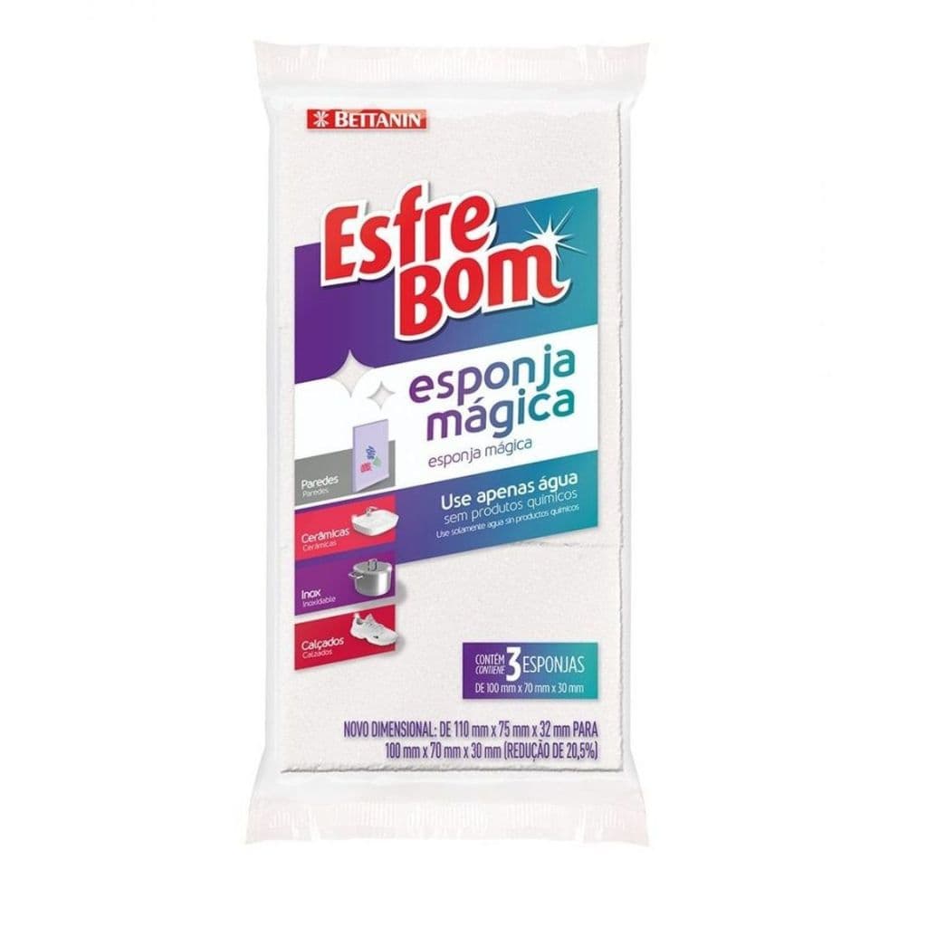 3X Esponja Mágica EsfreBom Bettanin Somente Água e Nada Mais - Parede Cerâmica Calçado Inox Plástico