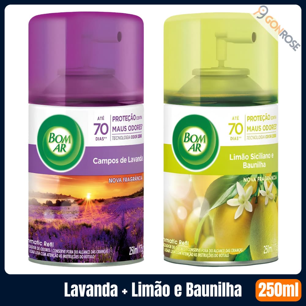 Kit com 1 Refil para Spray Automático Bom Ar Campos de Lavanda + 1 Refil Limão Siciliano e Baunilha (com 250ml cada)