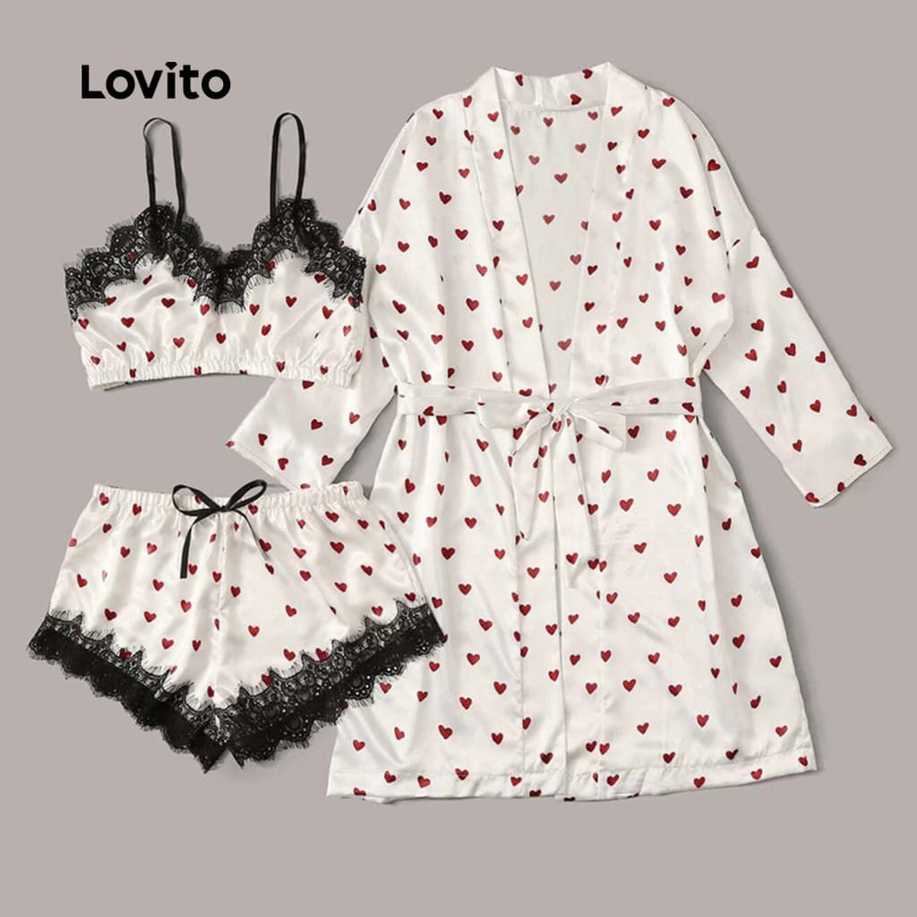 Lovito Conjunto Pijama 3 Peças Estampa Coração Renda Robe Primavera/Verão Mulheres LNE130076