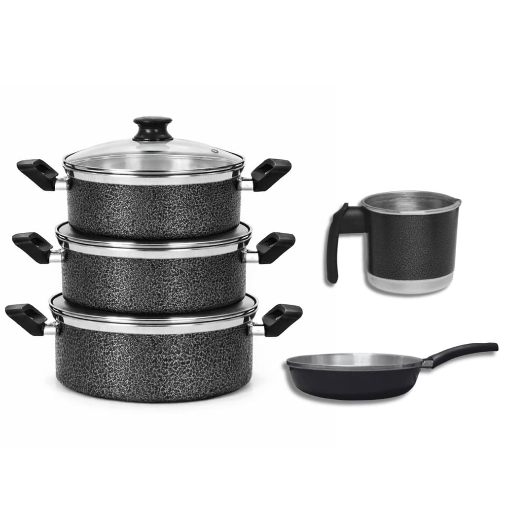 Jogo de Panelas Frigideira Caneco Caçarola Alumínio Resistente 5 peças Tampa de Vidro