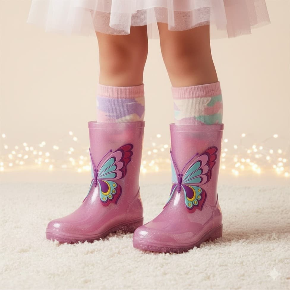 Galocha Infantil Menina Zello Cano Alto Borboleta Impermeável Antiderrapante