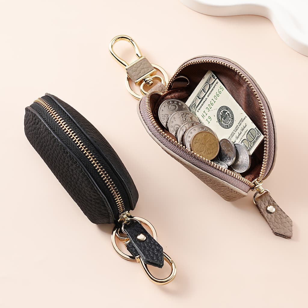 Chave De Gancho E Porta-Moedas | Bolsa Portátil De Armazenamento Com Mini Zíper De Troca De Couro Genuíno
