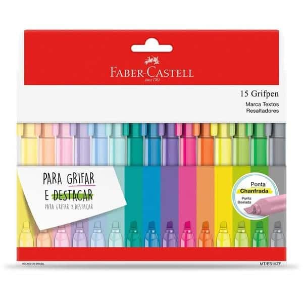 Caneta Marca Texto Kit com 15 Cores Tons Pastel e Neon Grifpen - Faber Castell