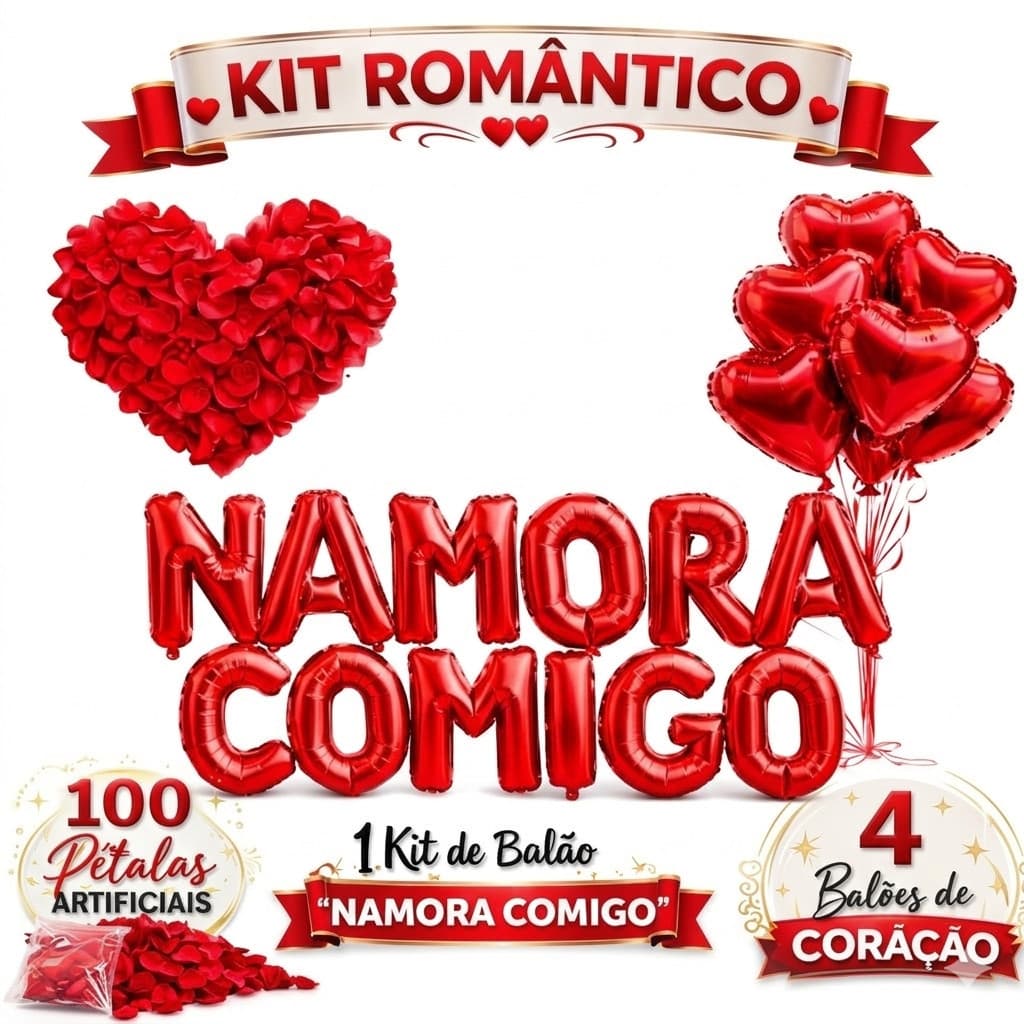 Kit Completo Pedido de Namoro: Balões "Namora Comigo", 100 Pétalas e 4 Balões Coração