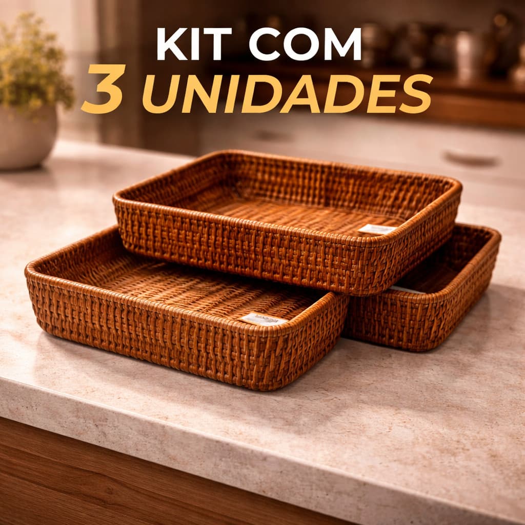 Kit 3 Cestos Tramados Vime Café da Manhã Bandeja Decorativa Gourmet Premium Hotel Pousada