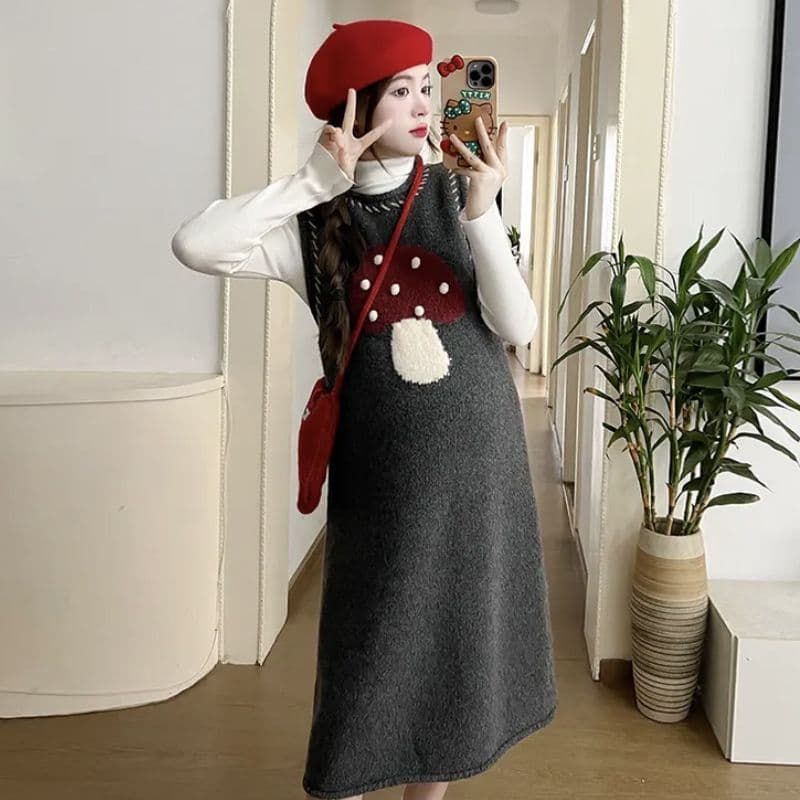 Vestido de maternidade cod vestido exterior usar gola alta camisa de fundo longa idade moda lã outono inverno colete ves