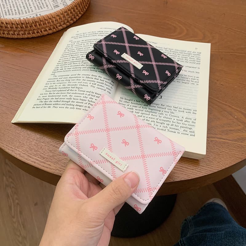 Carteira Com Três Dobras Sweet Bow Para Estudante | Carteiras Femininas Compartimentos Vários Cartões Mini Bolsa Portáti