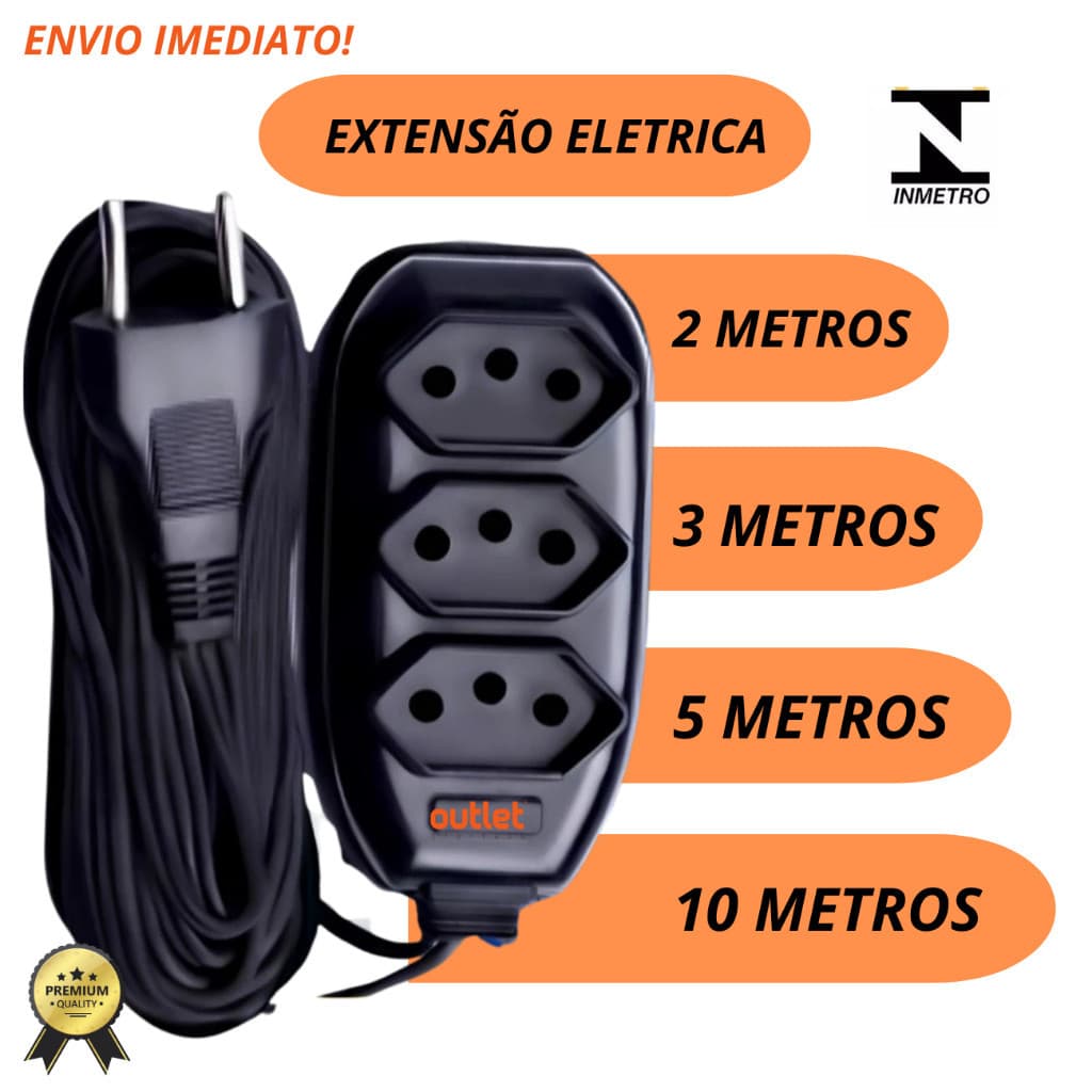 Extensão elétrica de 2, 3 5 e 10 Metros tripla Bivolt Resistente 110/220v 10A preta