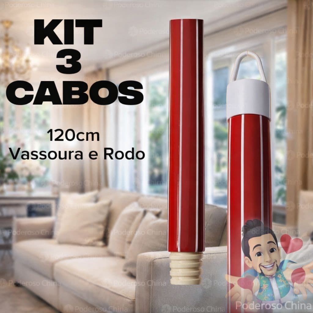 3 Cabos de Vassoura e Rodos 120cm de Madeira Plastificado Universal com Rosca e Ponteira para Pendurar