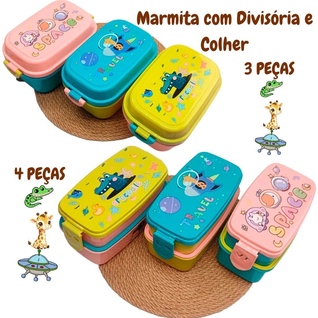 Marmita Lancheira Infantil Crocodile • Travel • Space com Divisória e Colher 2 em 1
