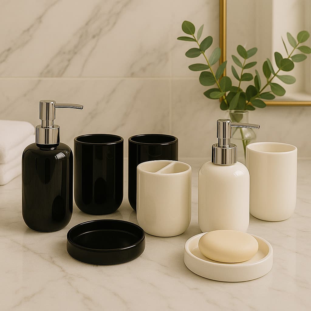 Kit Jogo de Banheiro Lavabo Porcelana 4 Pçs Decoração Dispenser  Sabonete Líquido Porta Escova Dente