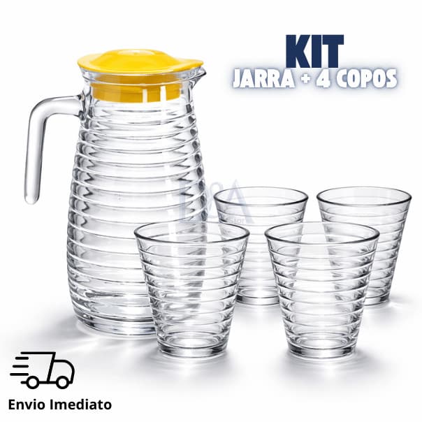Kit Conjunto Premium 5 Peças Jarra 900ml + 4 Copos 250ml Vidro Texturizado Sofisticado