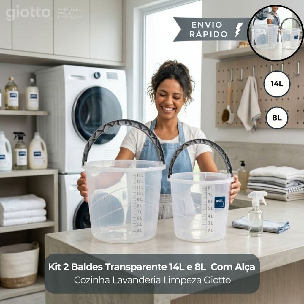 Kit 2 Baldes 14 e 8 Litros Com Alça Resistente Transparente Cozinha Lavanderia Limpeza Giotto