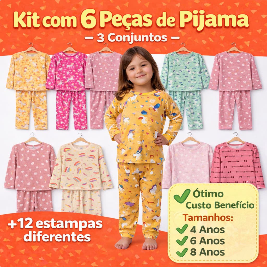 Kit 3 Pijamas Infantil Menina Criança Inverno Manga Longa Comprida Calça Blusa 6 Peças Estampas Sortidas Roupa de Dormir