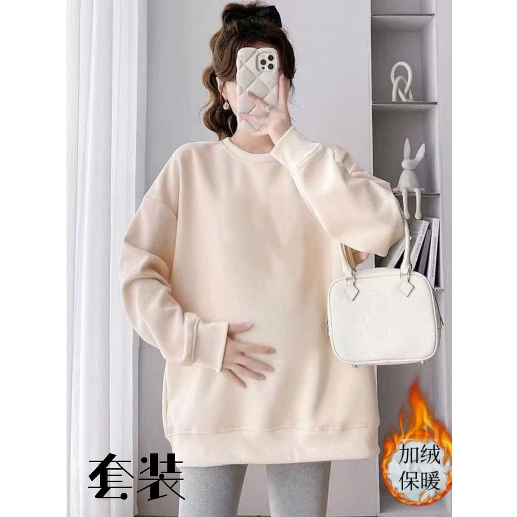 Roupa de maternidade 2026 novo estilo cor sólida primavera outono inverno forro de lã moletom terno moda versão coreana 