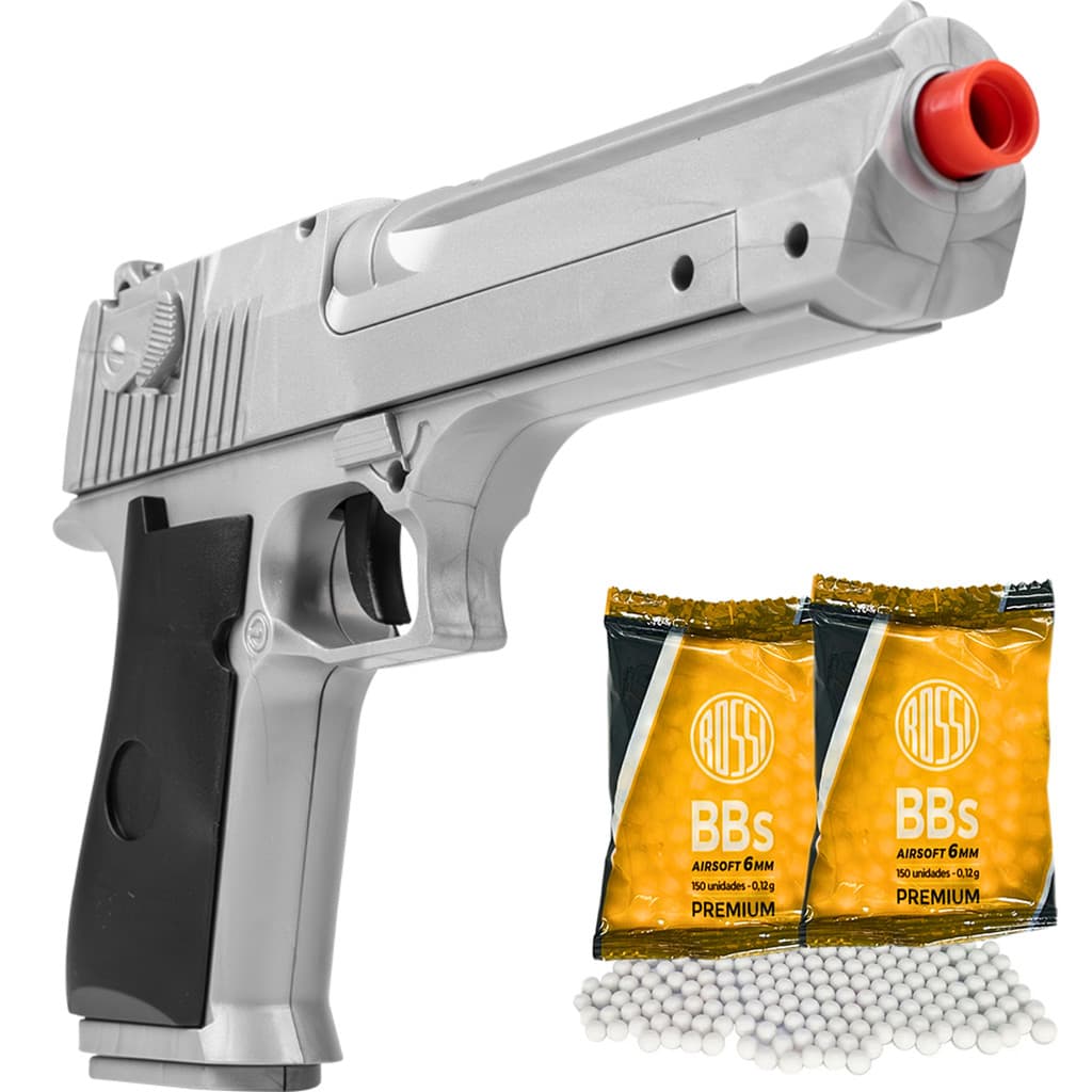 Pistola Desert Eagle Silver Prata V30 Airsoft 6mm Spring Mola Rossi + Munição Esferas BBs