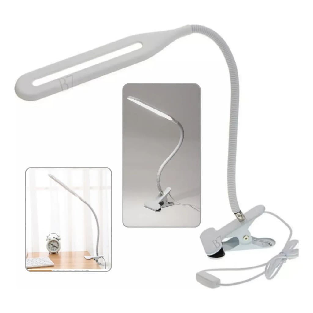 Luminária Led Mesa Abajur Lâmpada Articulável Base Garra Cúpula Branco Estrutura Branco