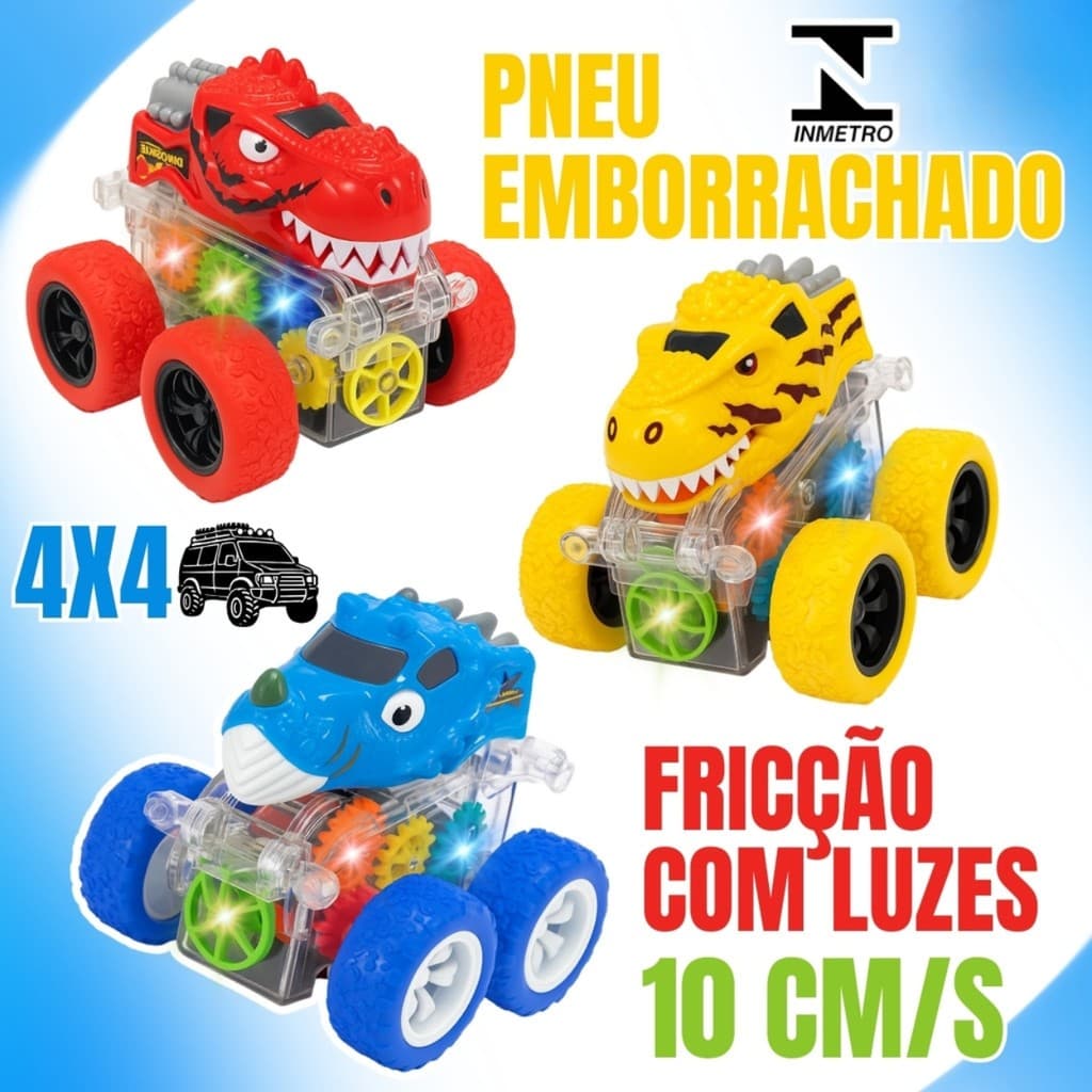 Carrinho Off-Road Infantil com Fricção e Luzes LED – Estilo Dinossauro