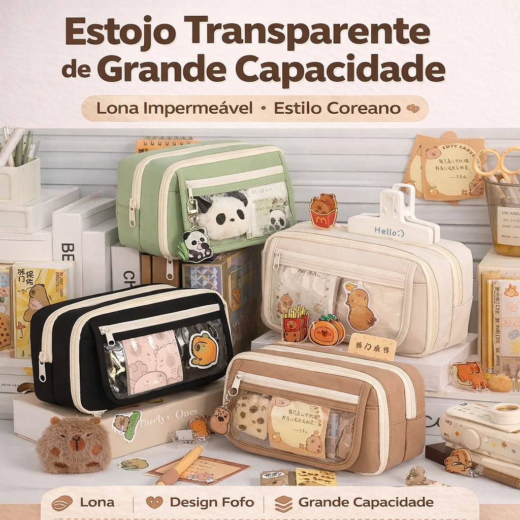 Estojo de Lápis Transparente Grande | Lona Impermeável Estilo Coreano Escolar