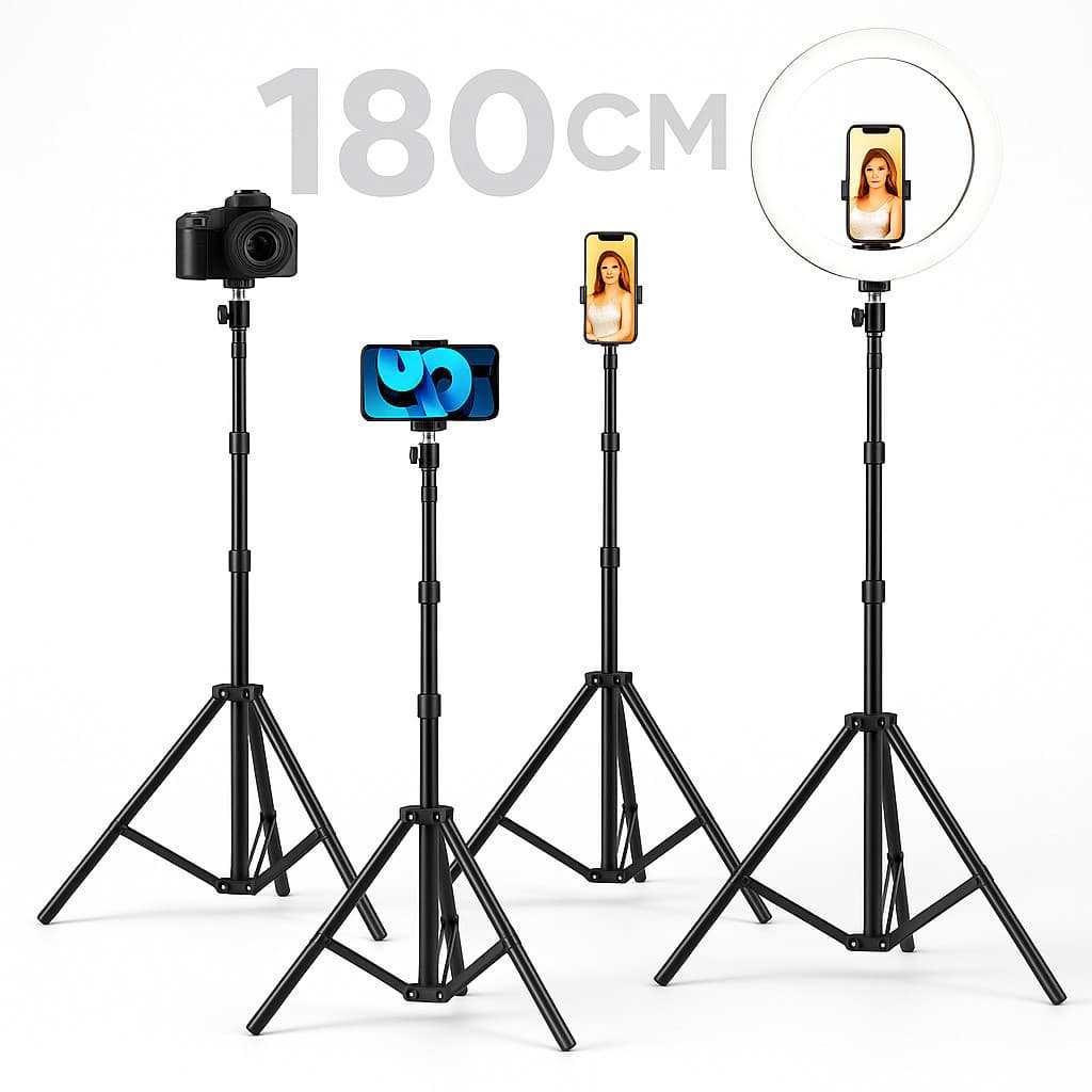 Tripé Retrátil 180 cm Alumínio Profissional – Suporte Universal, Perfeito p/ Vlog, Selfie e Foto
