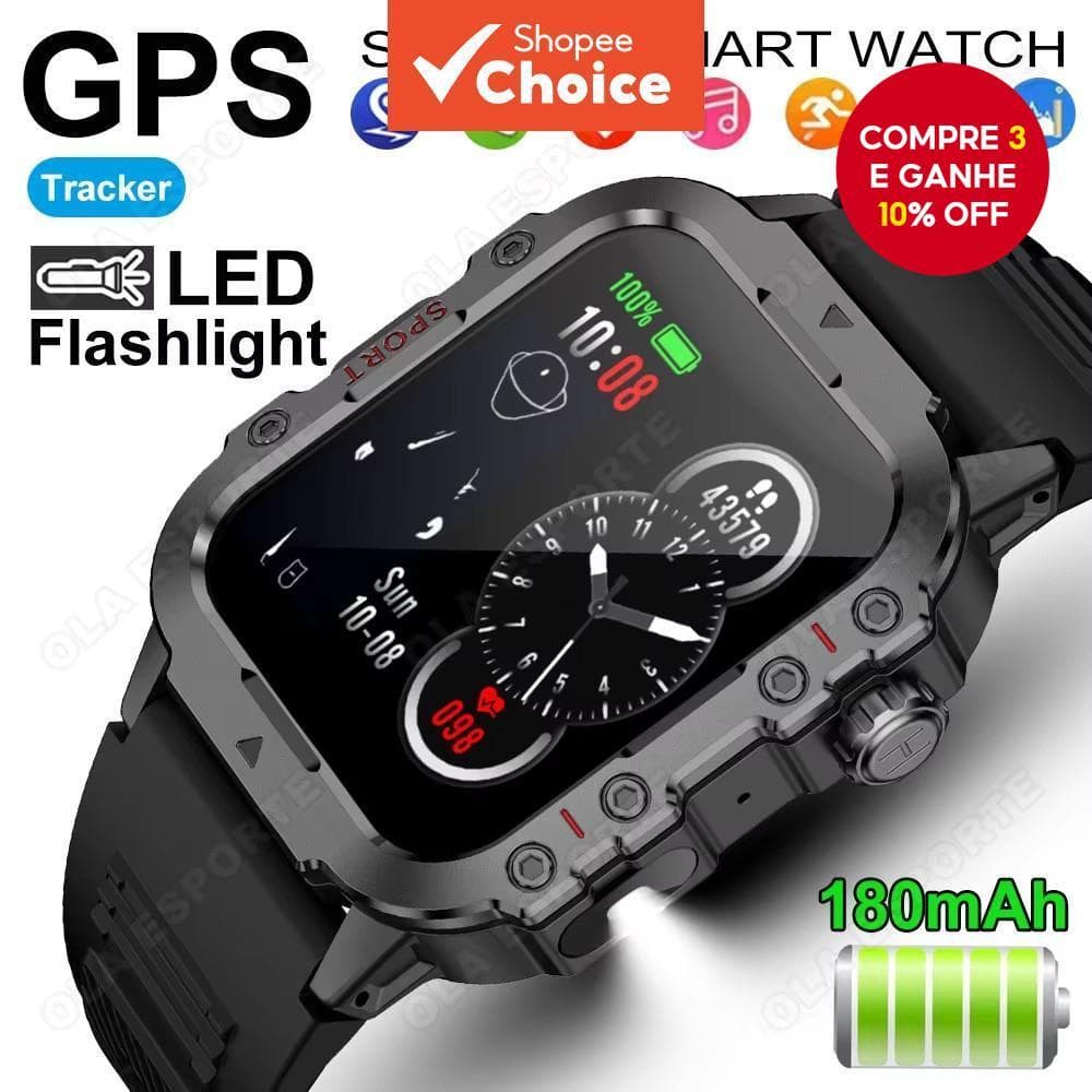  Novo Smartwatch Esportivo 1.44 Tela HD Chamada Sem Fio GPS Rastreador Lanterna LED Relógio Inteligente Múltiplos Modos