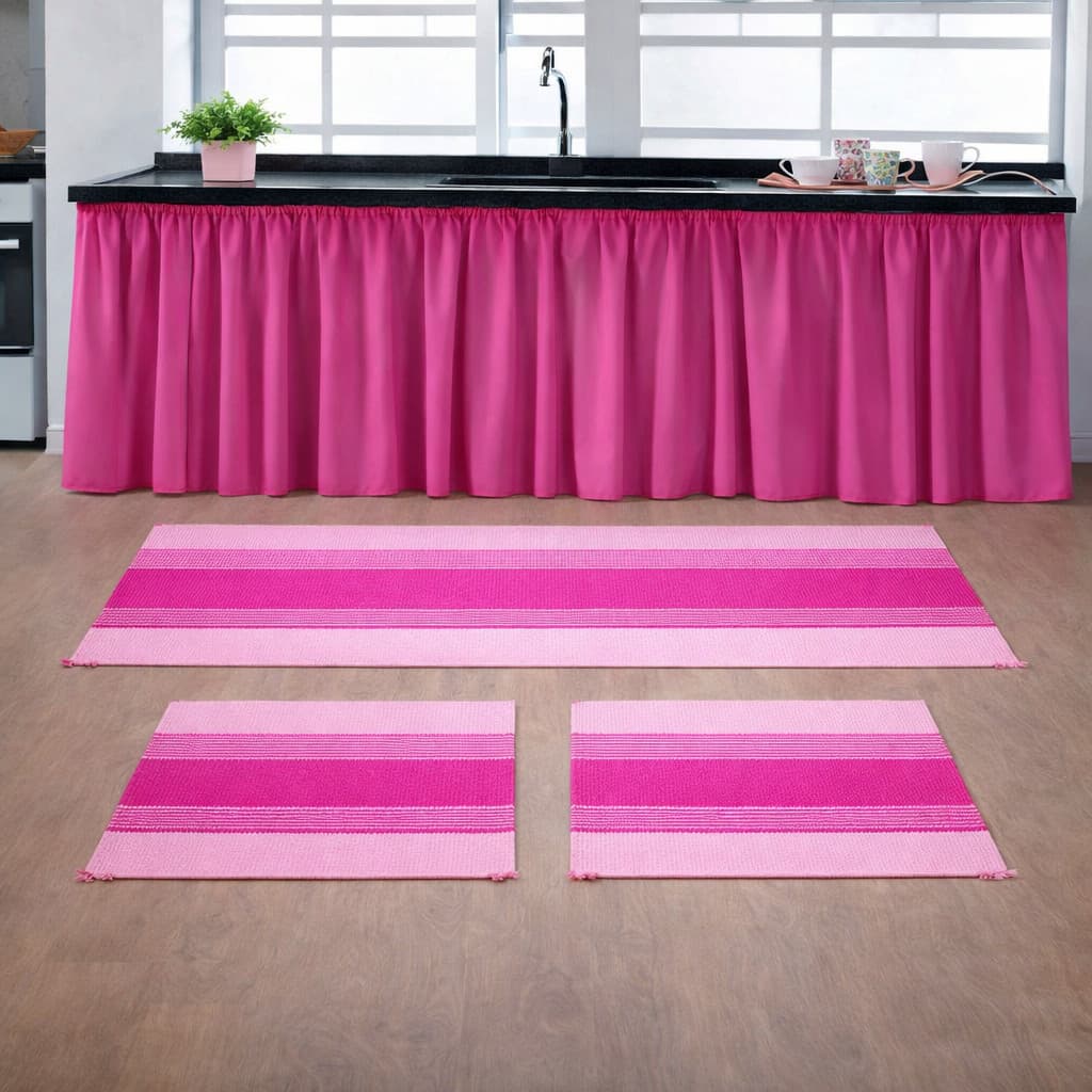 Kit Cortina Pia e Tapete Cozinha Passadeira Tear Armário Decoração Casa Moderno Liso Promoção Barato